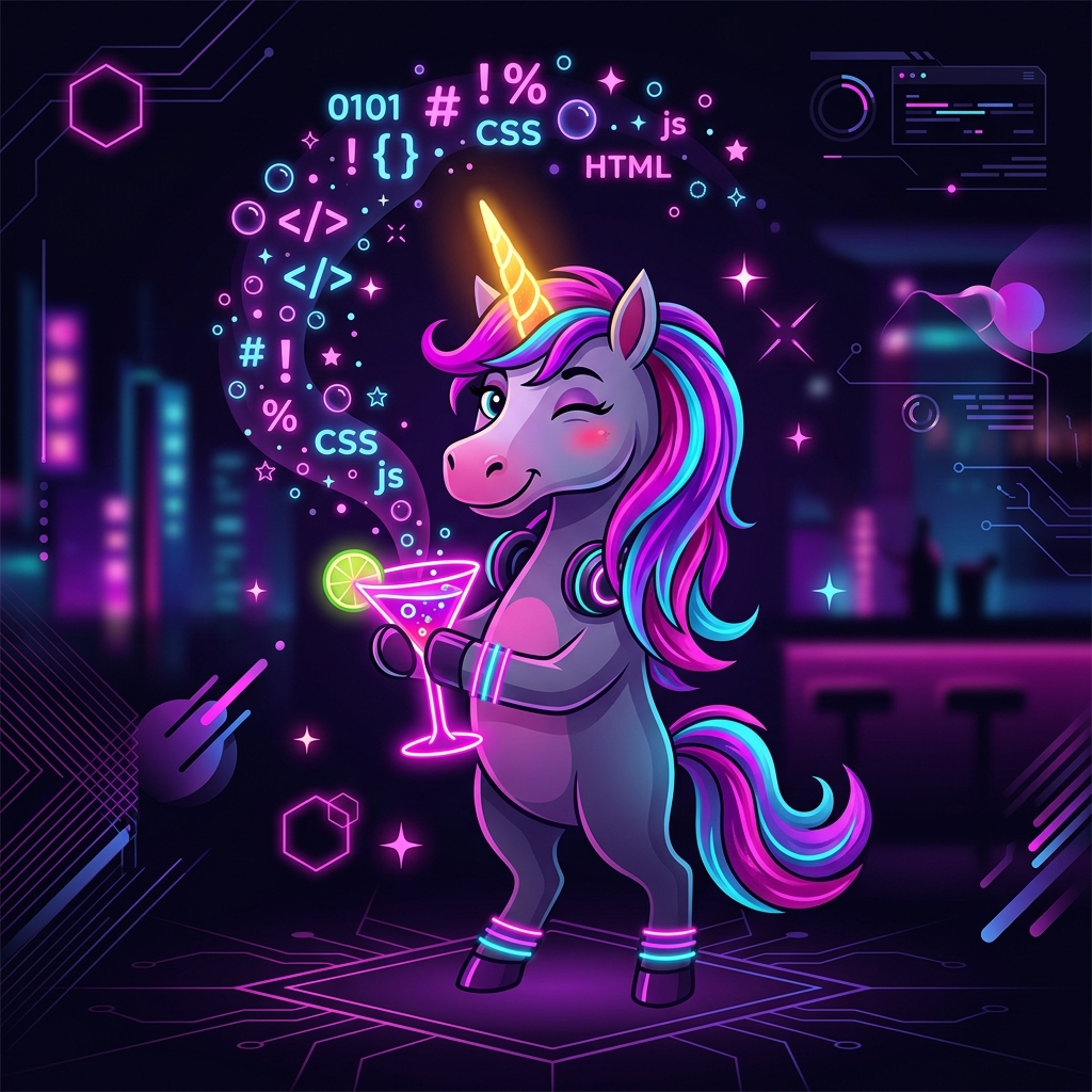 Drunken Unicorn holding a cocktail glass with code flying out